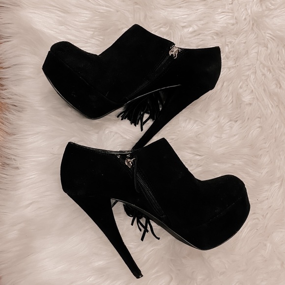 BEBE Black Suede Platform Fringe Ankle Booties 8 - Picture 13 of 16